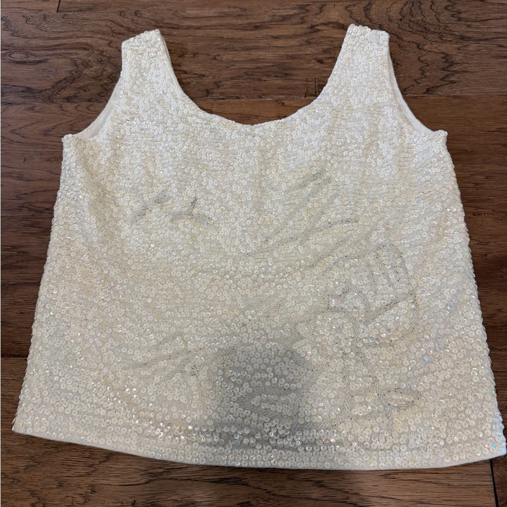 Vintage Sequin Sleeveless Blouse Ivory Cocktail Top Size S